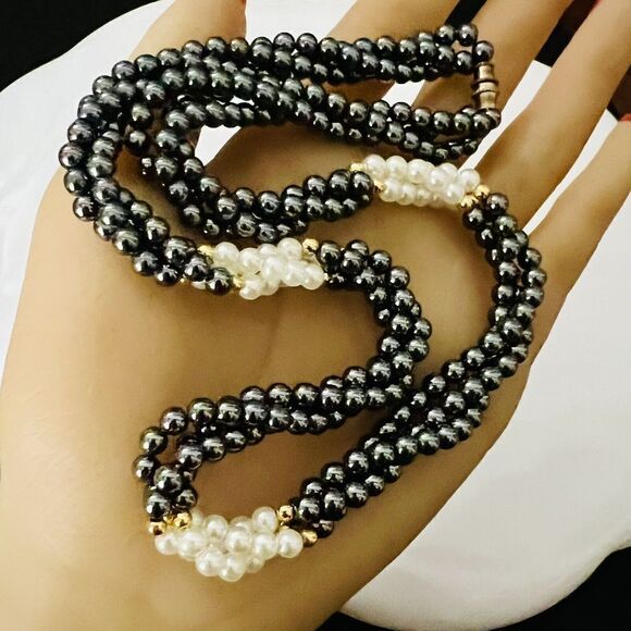 Vintage Twisted Hematite Faux Pearl Gold Beads Beaded Necklace 18” PRETTY 1080 - Picture 6 of 10